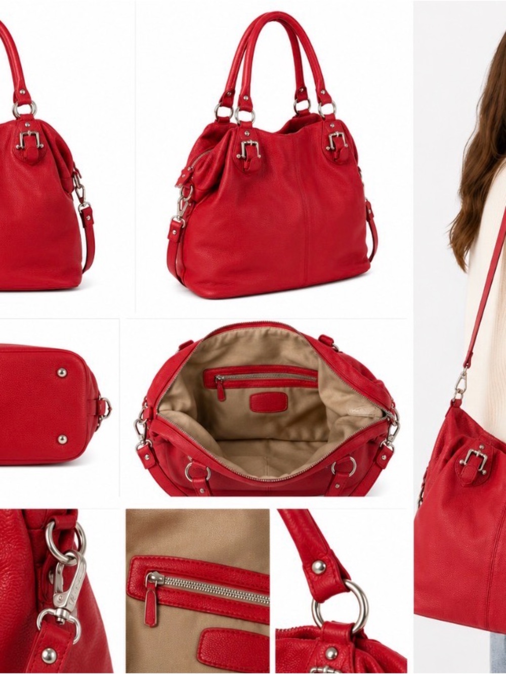 The Sak Genuine Leather Convertible Satchel / Shoulder Bag – Red/ 16x12 inches